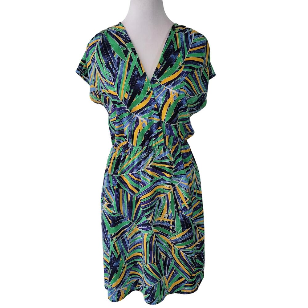 Halogen Size XS Tropical Jungle‎ Cap Sleeve V-Neck Faux Wrap Blue Green Dress